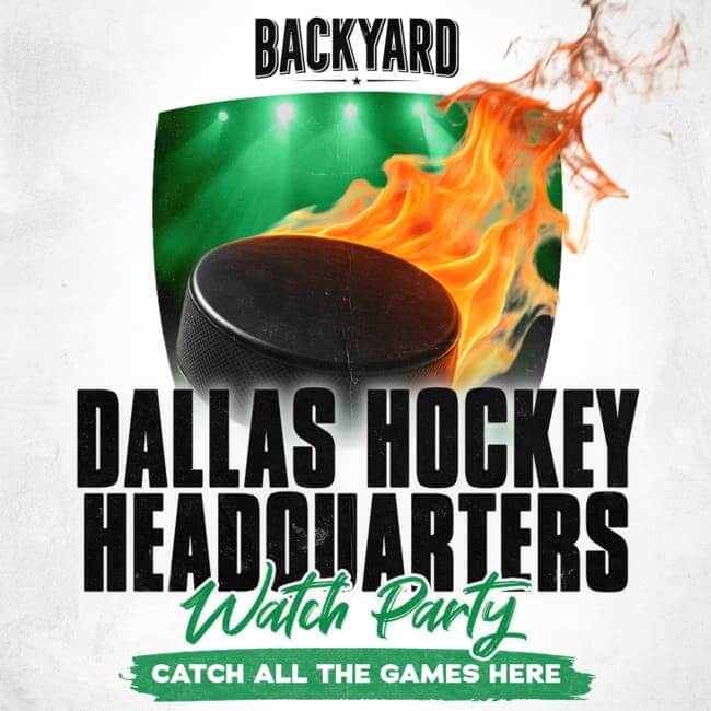 Hockey puck on fire over a lit stadium background with the text: ‘Dallas Hockey Headquarters Watch Party – Catch all the games here.’