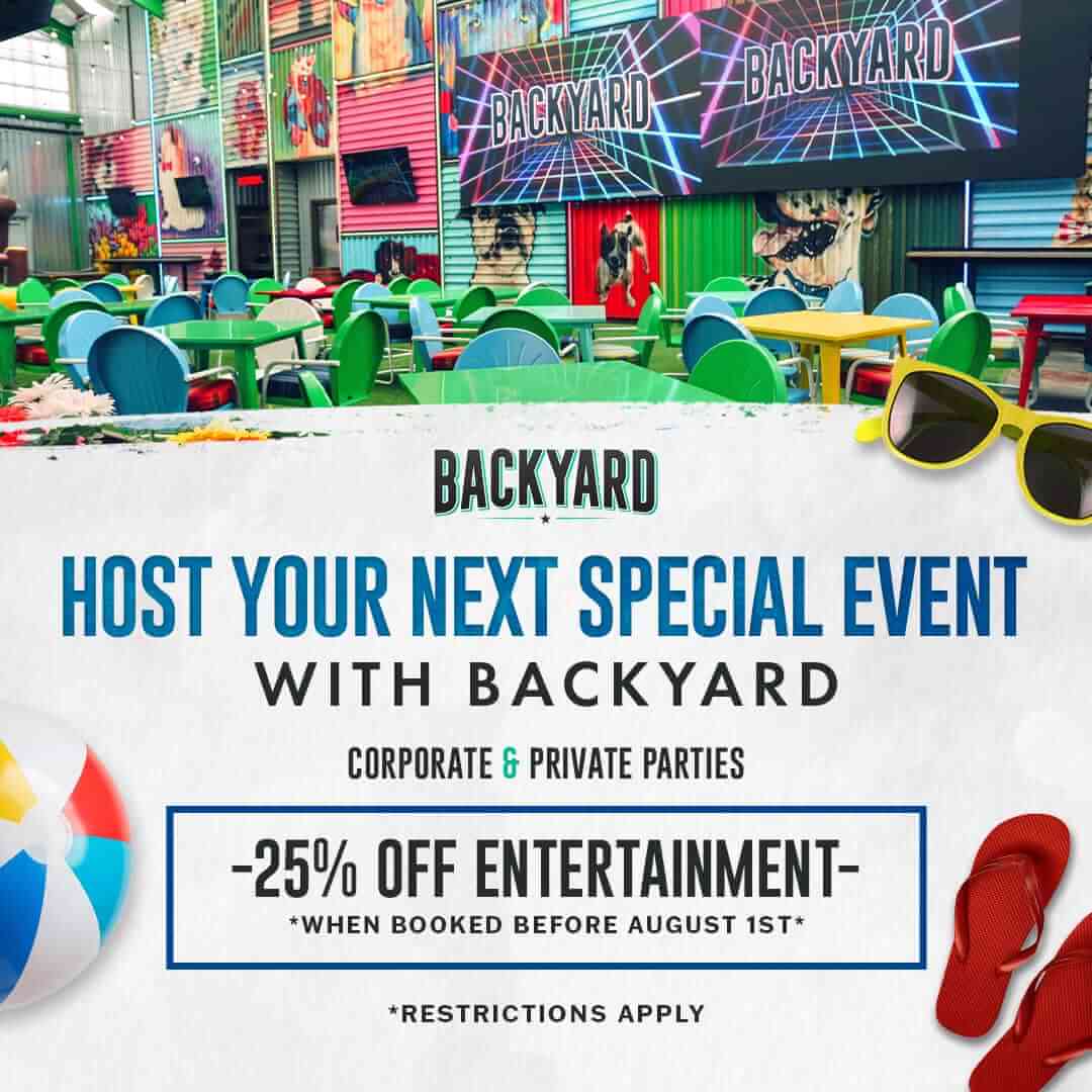 Promotional graphic for Backyard event venue featuring colorful lounge seating, large digital screens, and a discount offer for private and corporate events.